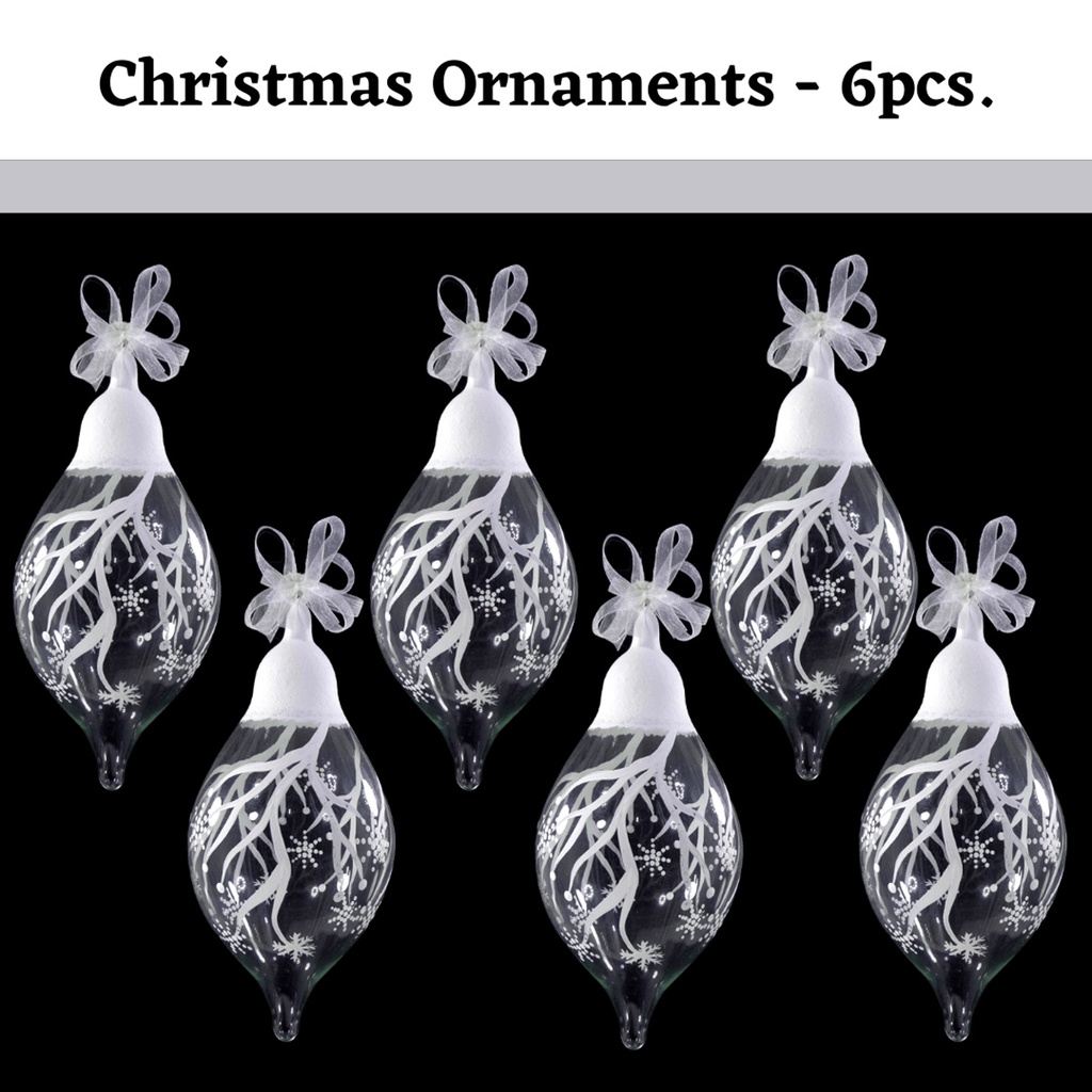 Set of 6pc Handpainted White Christmas Glass Ornaments with Organza Ribbon for Xmas Tree Hanging Dec