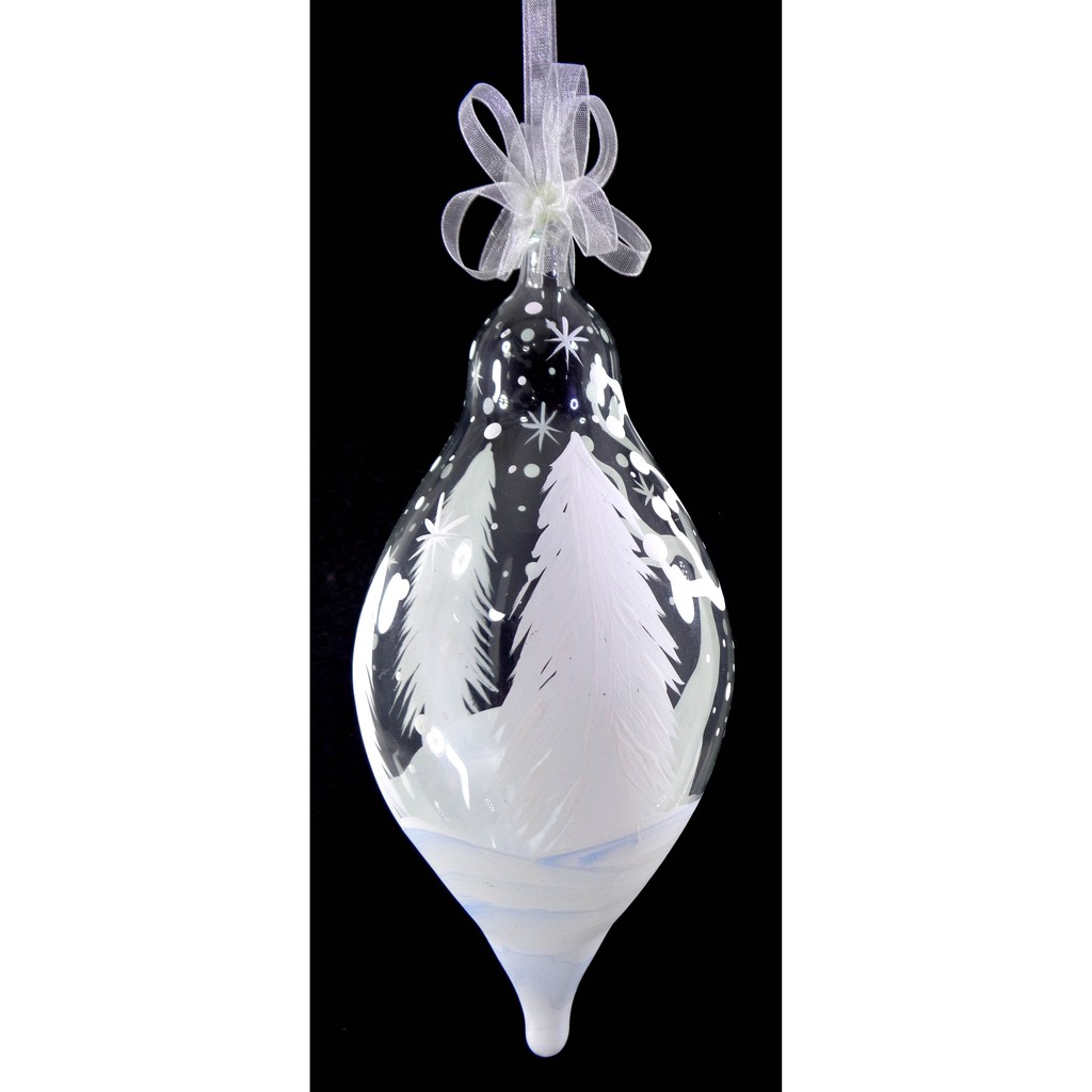 Set of 6pc Handpainted White Christmas Glass Ornaments with Organza Ribbon for Xmas Tree Hanging Dec