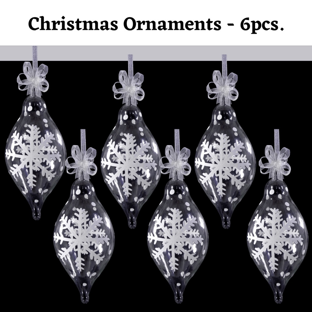 Set of 6pc Handpainted White Christmas Glass Ornaments with Organza Ribbon for Xmas Tree Hanging Dec