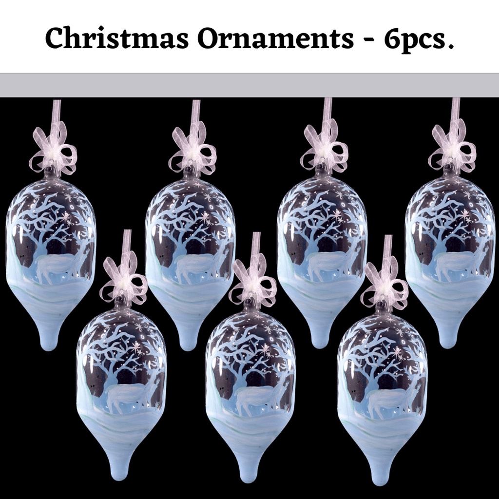 Set of 6pc Handpainted White Christmas Glass Ornaments with Organza Ribbon for Xmas Tree Hanging Dec