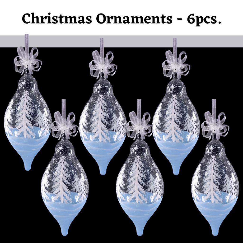 Set of 6pc Handpainted White Christmas Glass Ornaments with Organza Ribbon for Xmas Tree Hanging Dec