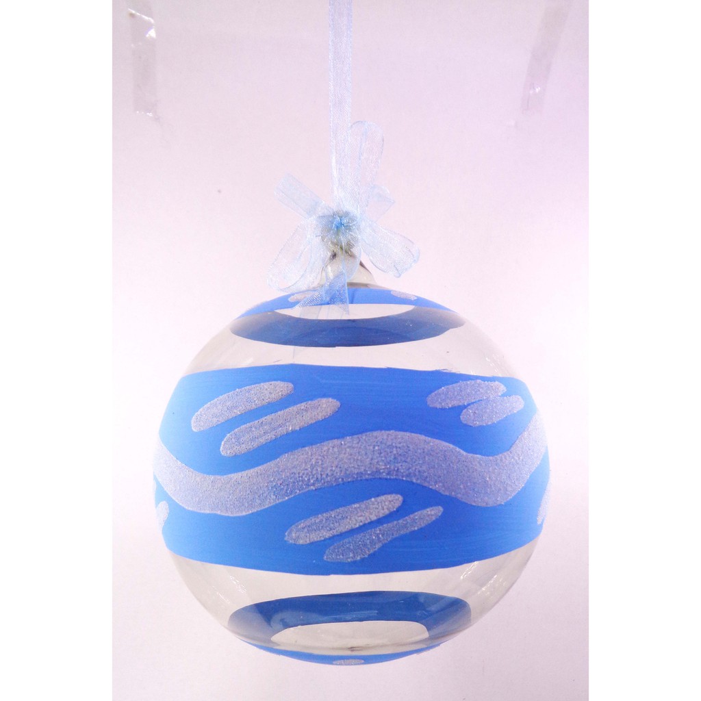 Set of 6pc Handpainted Blue Waters Nature Inspired Christmas Glass Ornaments w/ Organza Ribbon for X