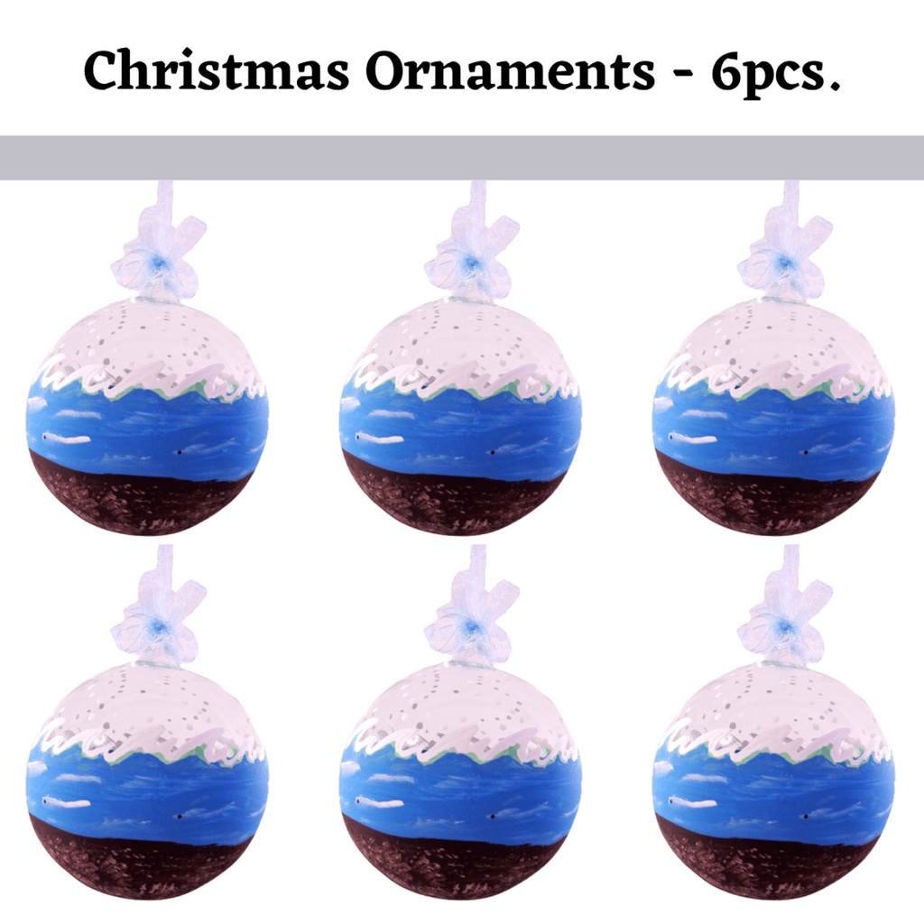 Set of 6pc Handpainted Blue Waters Nature Inspired Christmas Glass Ornaments w/ Organza Ribbon for X