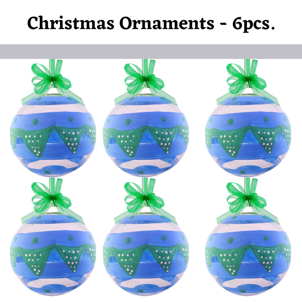 Set of 6pc Handpainted Blue Waters Nature Inspired Christmas Glass Ornaments w/ Organza Ribbon for X