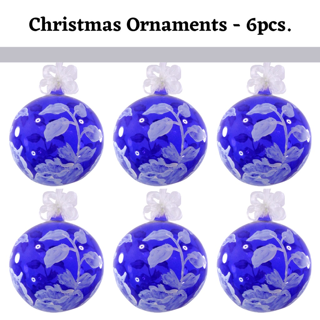 Set of 6pc Handpainted Blue Waters Nature Inspired Christmas Glass Ornaments w/ Organza Ribbon for X