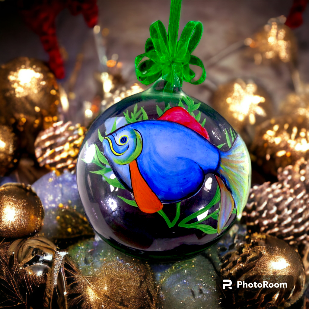 Set of 6pc Handpainted Nature Inspired Fish Christmas Glass Ornaments w/ Organza Ribbon for XmasTree