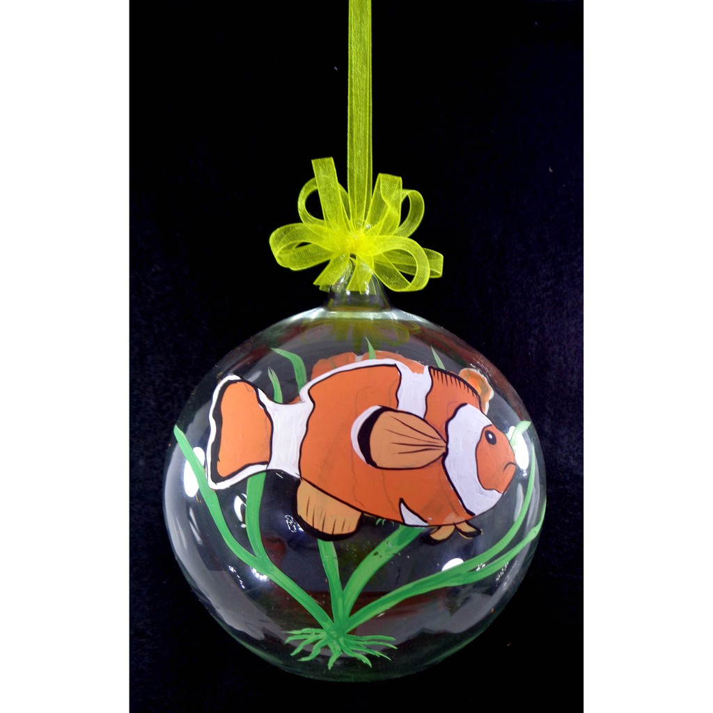 Set of 6pc Handpainted Nature Inspired Orange Clownfish Christmas Glass Ornaments w/ Organza Ribbon