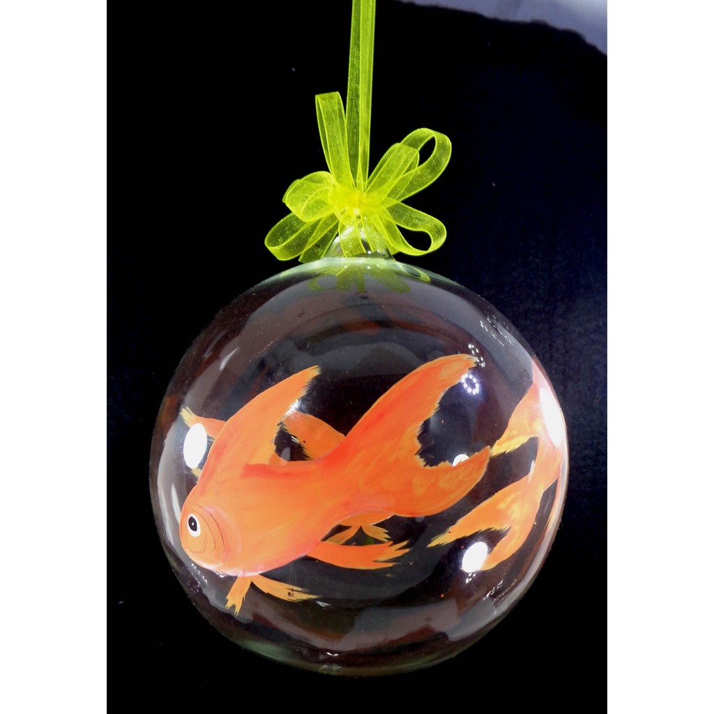 Set of 6pc Handpainted Nature Inspired Orange Fish Christmas Glass Ornaments w/ Organza Ribbon