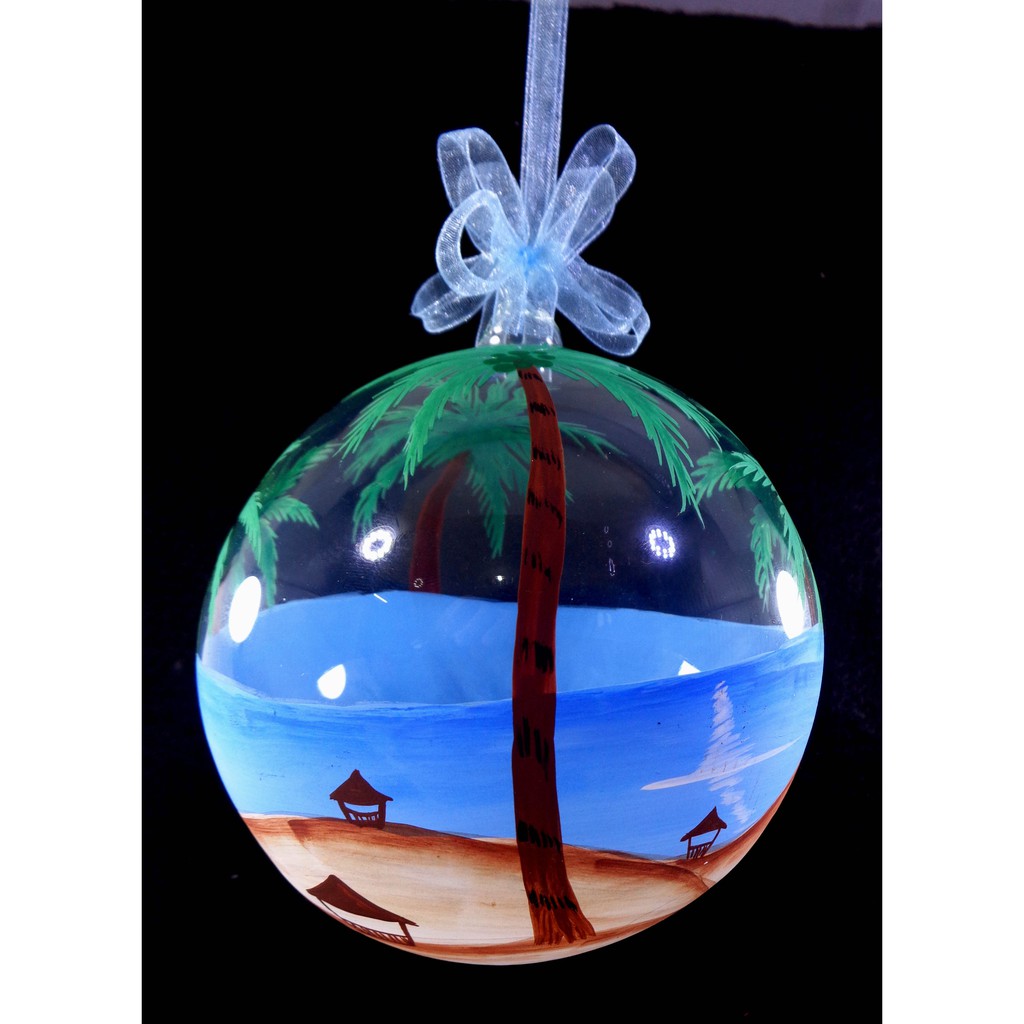 Set of 6pc Handpainted Nature Inspired Green Christmas Glass Ornaments w/ Organza Ribbon for Xmas Tr