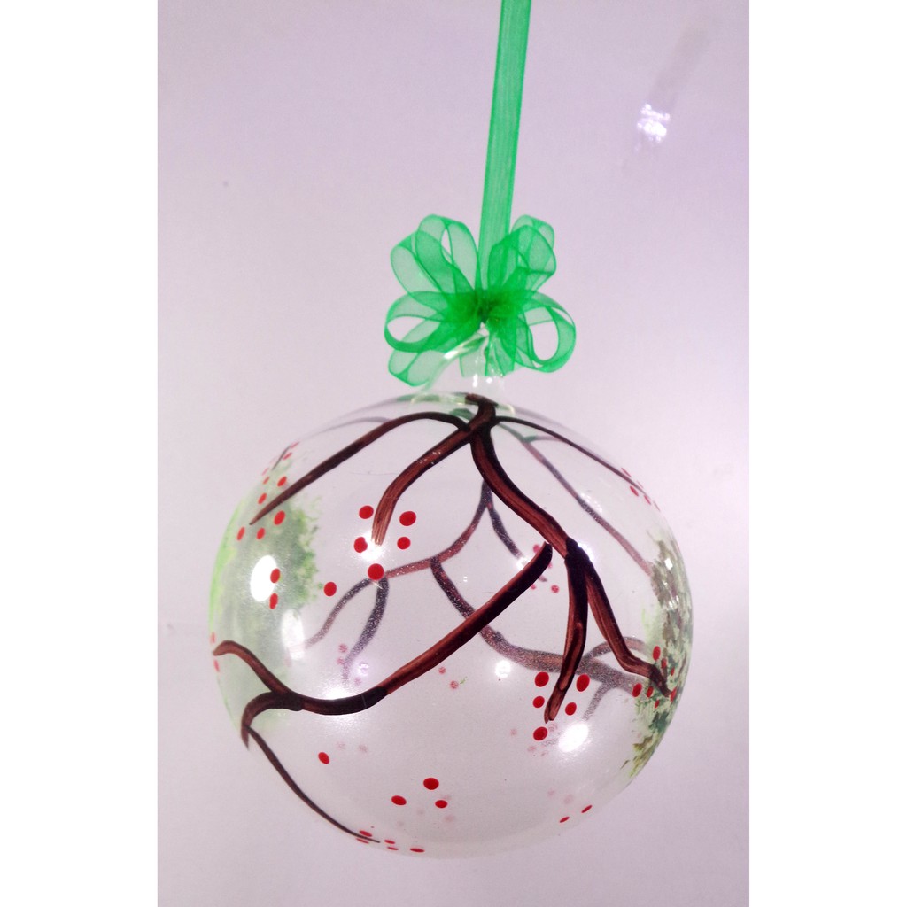 Set of 6pc Handpainted Nature Inspired Green Christmas Glass Ornaments w/ Organza Ribbon for Xmas Tr