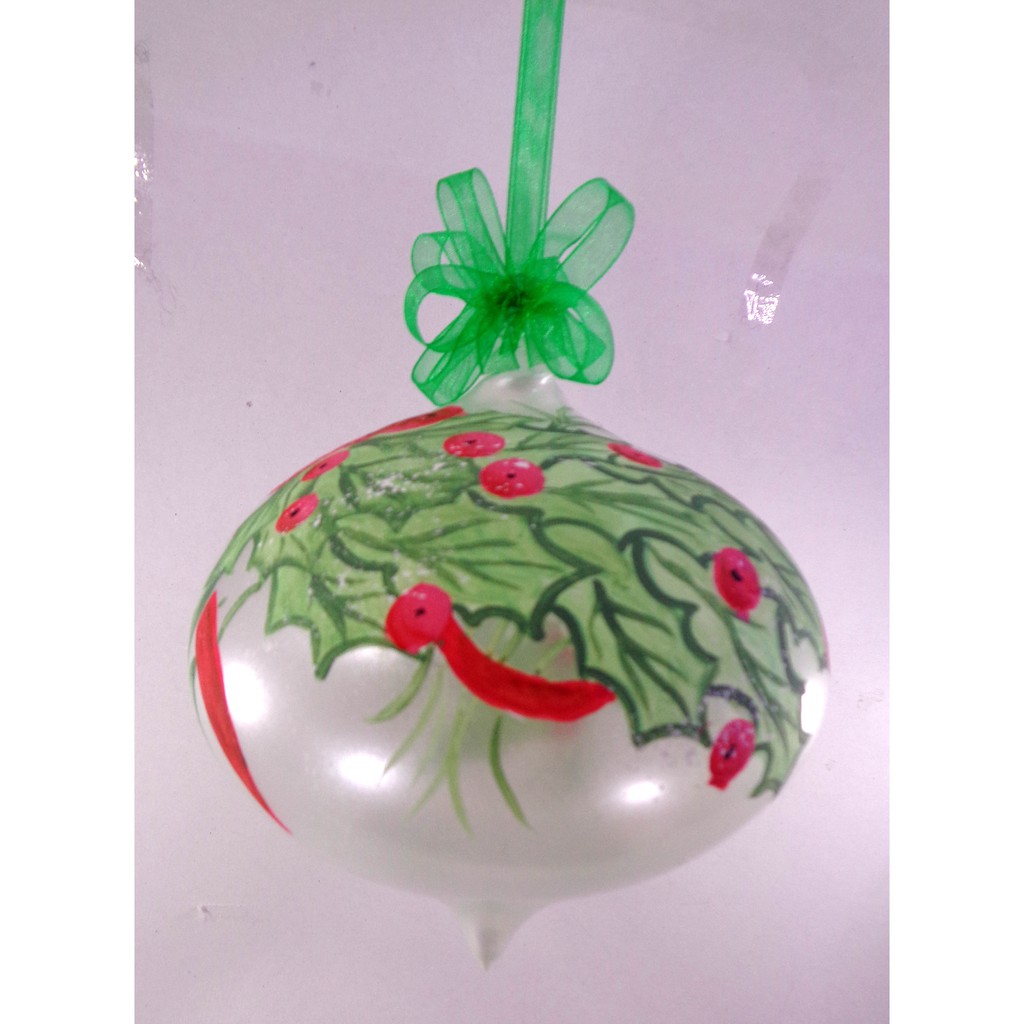 Set of 6pc Handpainted Nature Inspired Green Christmas Glass Ornaments w/ Organza Ribbon for Xmas Tr