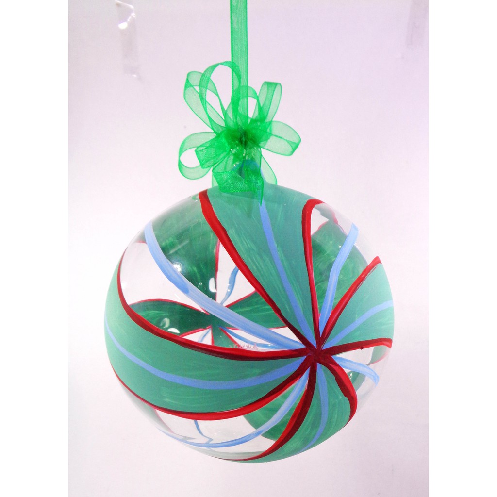 Set of 6pc Handpainted Nature Inspired Green Christmas Glass Ornaments w/ Organza Ribbon for Xmas Tr
