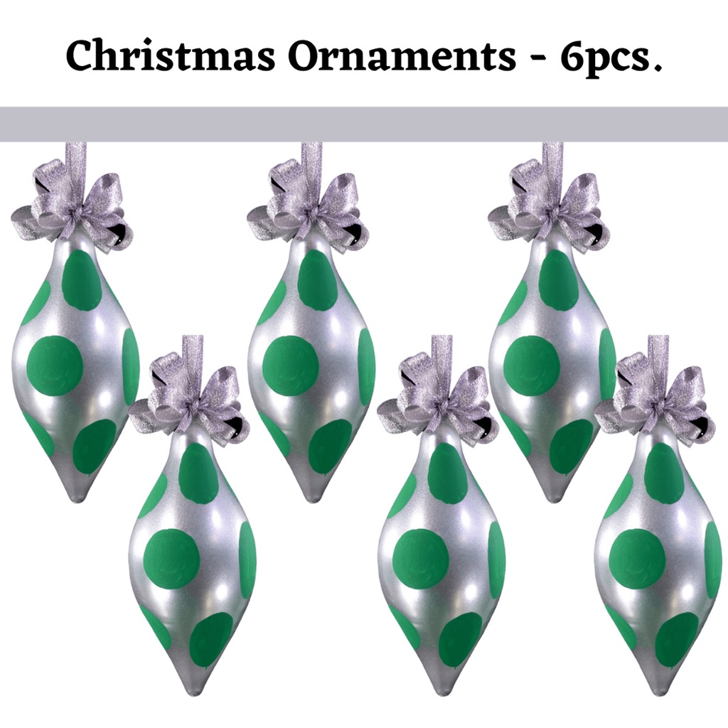 Set of 6pc Handpainted Christmas Silver Glass Ornaments w/ Green Polkadot Organza Ribbon for Xmas