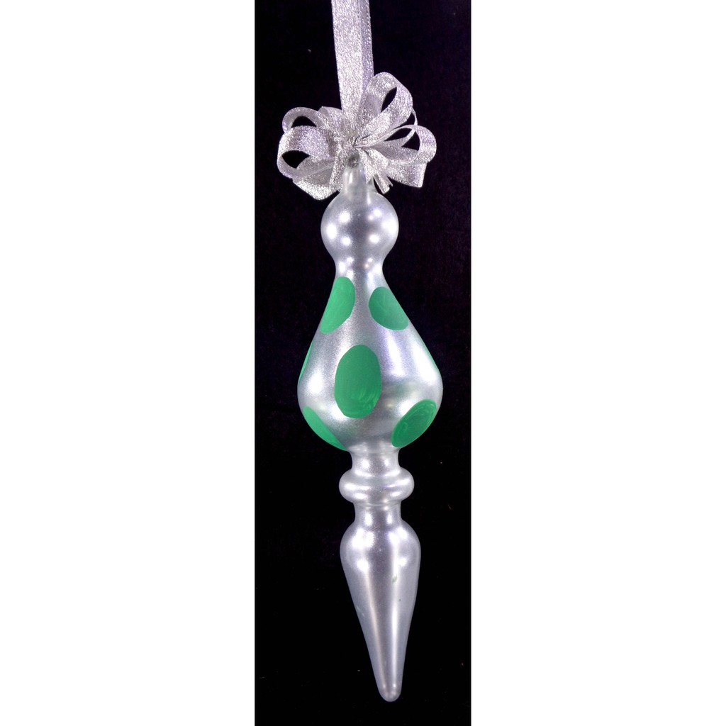 Set of 6pc Handpainted Christmas Glass Long Ornaments w/ Green Polkadots & Organza Ribbon for Xmas