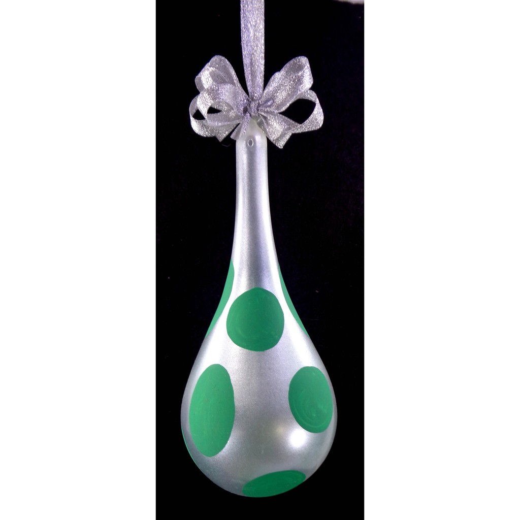 Set of 6pc Handpainted Christmas Silver Glass Ornaments w/ Green Polkadots & Organza Ribbon for Xmas