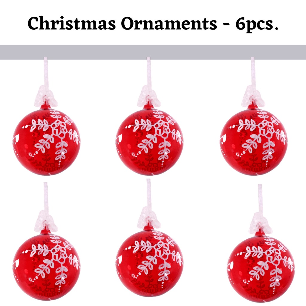Set of 6pc Colored Glass Christmas Red Ornaments with Organza Ribbon for Xmas Tree Ornaments Hanging
