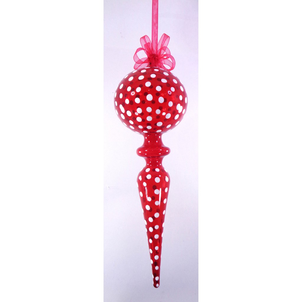 Set of 6pc Red Color Glass Christmas Ornaments Long w/ White Polkadots Organza Ribbon for Xmas Tree