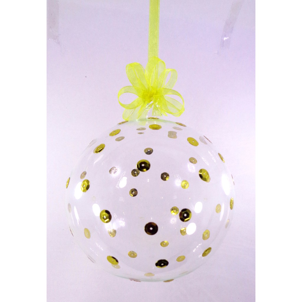 Set of 6pc Clear Glass Christmas Ornaments with Gold Sequins & Organza Ribbon for Xmas Tree Hanging
