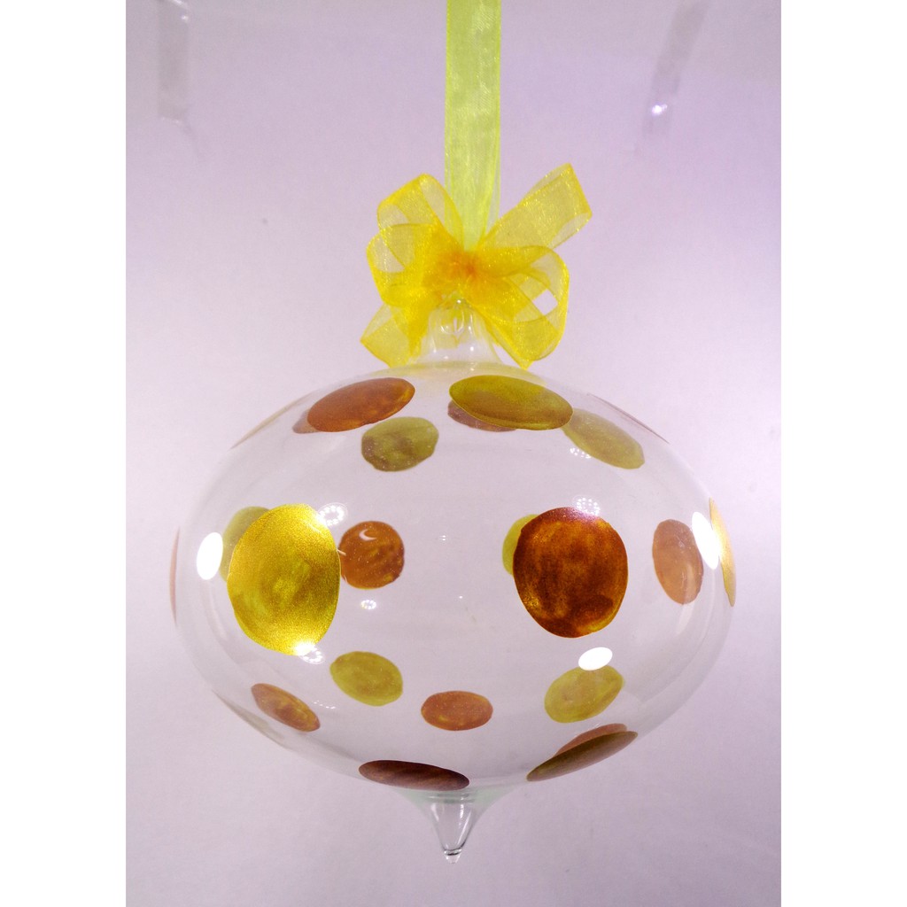 Set of 6pc Handpainted Glass Christmas Ornaments with Gold Polkadots Organza Ribbon for Xmas Tree