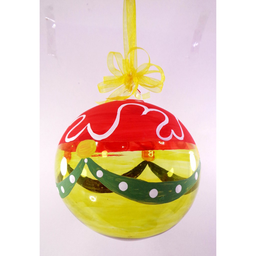 Set of 6pc Colorful Handpainted Yellow Glass Christmas Ornaments with Organza Ribbon for Xmas Tree O