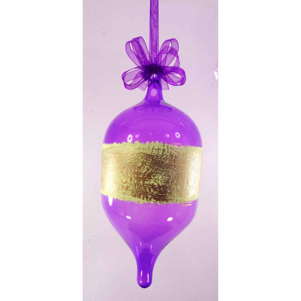 Set of 6pc Handpainted Purple and Yellow Glass Christmas Ornaments with Organza Ribbon for Xmas Tree