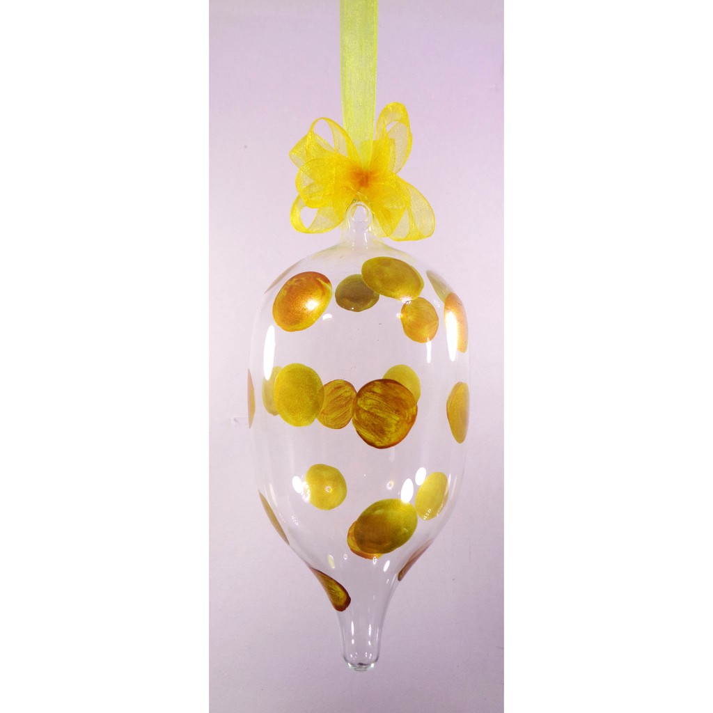 Set of 6pc Handpainted Glass Christmas Oblong Ornaments with Gold Polkadots Organza Ribbon for Xmas