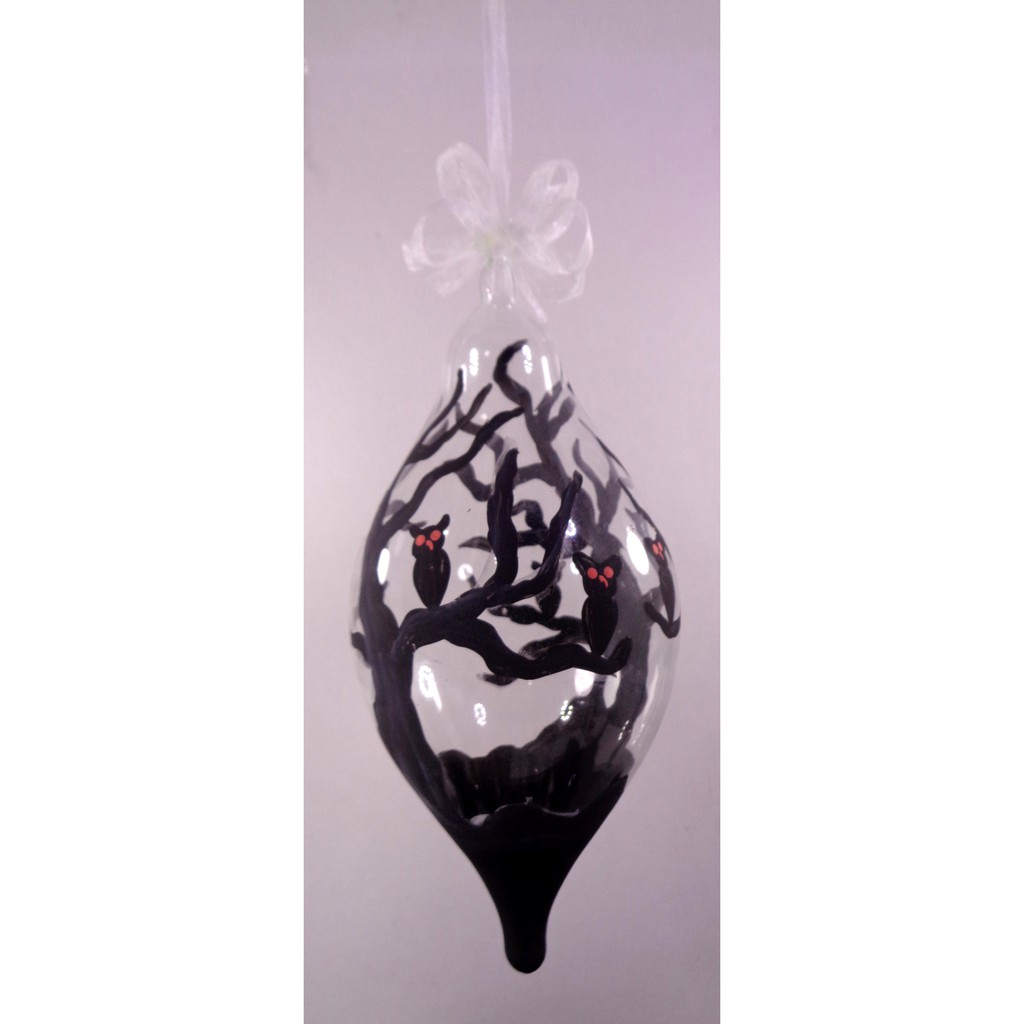 Set of 6pc Black Handpainted Glass Christmas Ornaments with Organza Ribbon for Xmas Tree Hanging