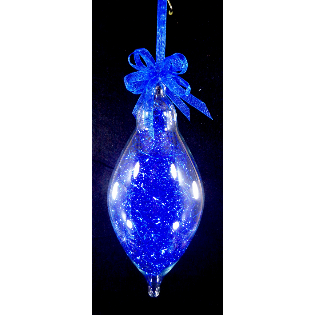 Blue Christmas Ornaments 6pc Set Handblown Glass Oval with Shreds Christmas Decor
