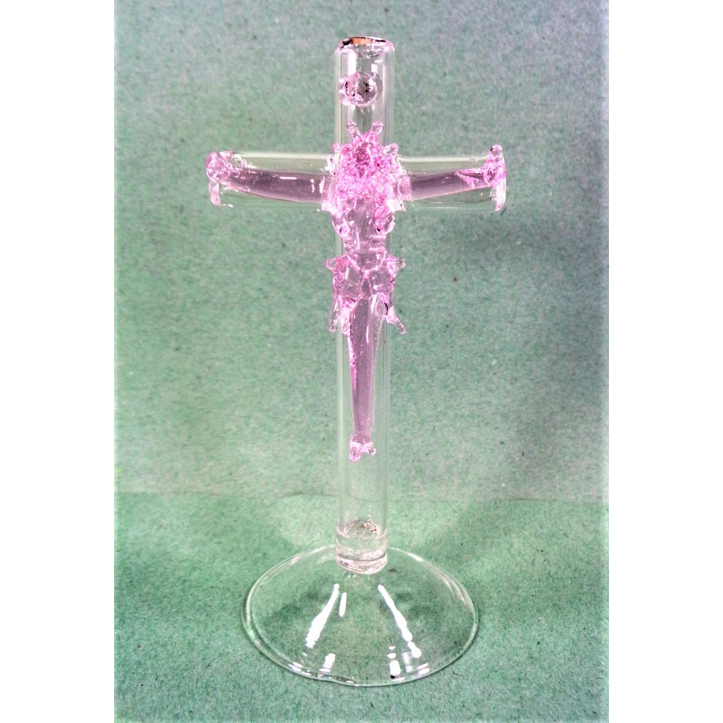 Crucifix with Stand Religious Figurines Glass Pink 4.25"