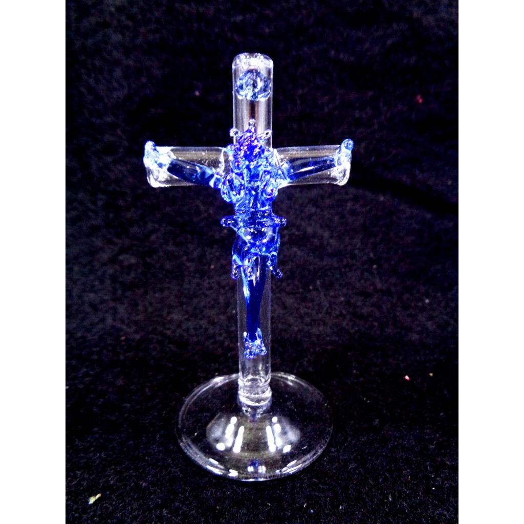 GLASS CRUCIFIX WITH STAND (Light Blue) Jesus Christ on the Cross w/ Standing Base for Home Altar 8cm