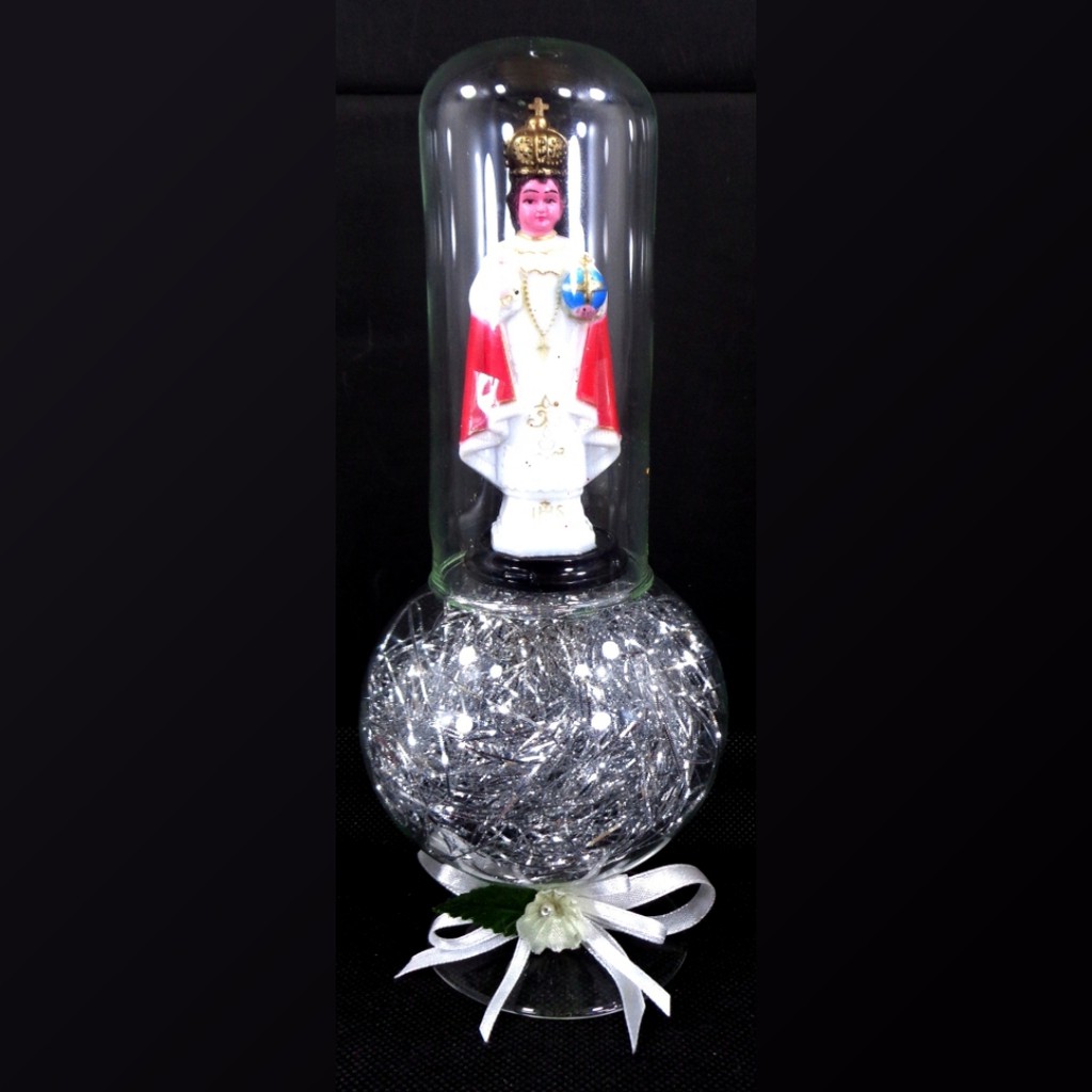 Santo Nino Religious Figurines Home Decor Accents in Double Glass Dome Silver