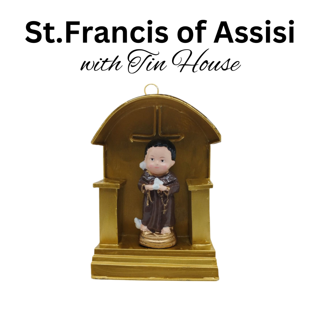 Chibi Saint St. Francis of Assisi with Tin House Religious Figurines Home Decor Height: 4-5 inches