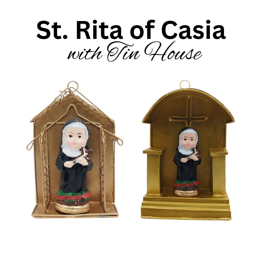 Chibi Saint St.Rita of Casia with Tin House Religious Figurines Home Decor Height: 4-5inches
