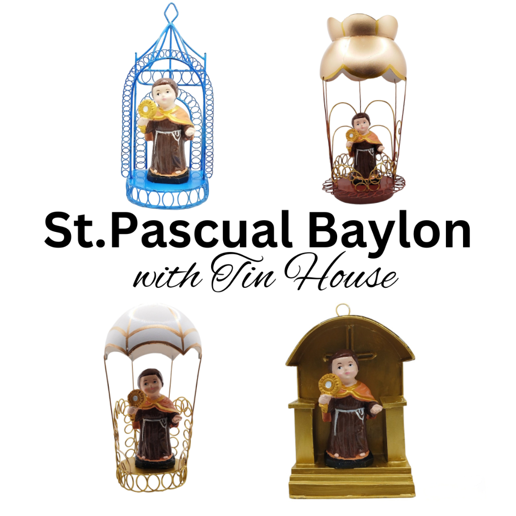 Chibi Saint St Pascual Baylon with Tin House Religious Figurines Home Decor Height: 4-5 inches