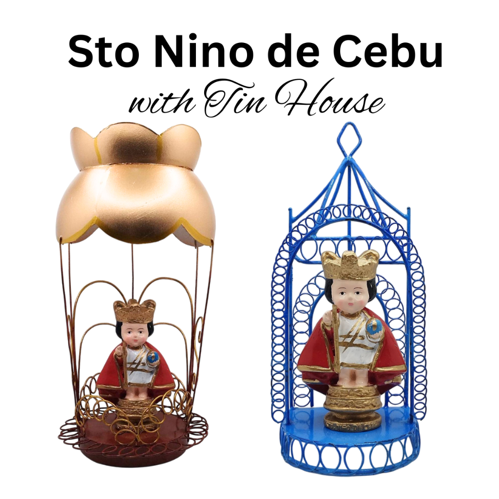Chibi Saint Sto. Nino de Cebu with Tin House Religious Figurines Home Decor Height: 4-5 inches