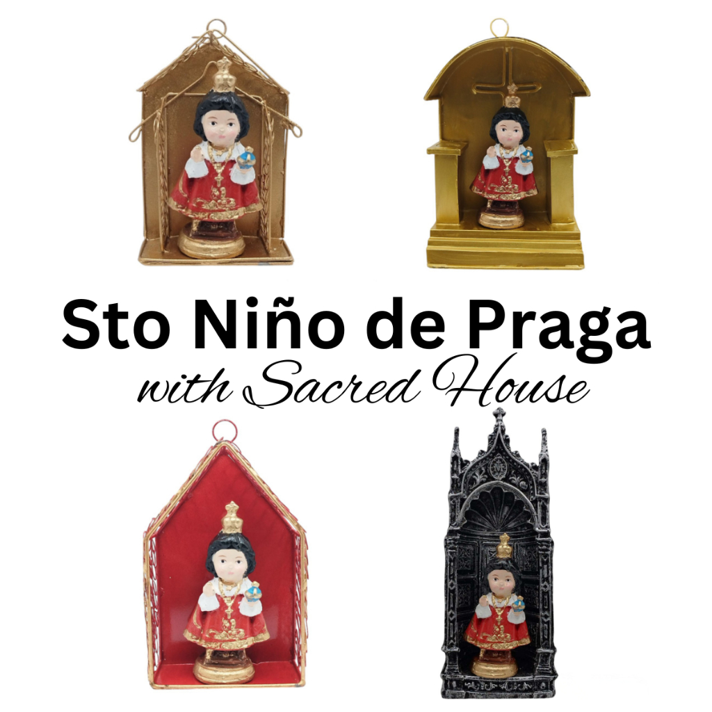 Chibi Saint Sto. Nino de Praga with Sacred House Religious Figurines Home Decor Height: 4-8 inche