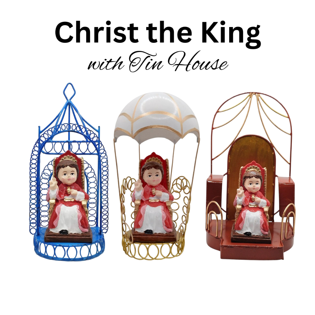 Chibi Saints Christ the King with Tin House Religious Figurines Home Decor Height: 4-5 inches