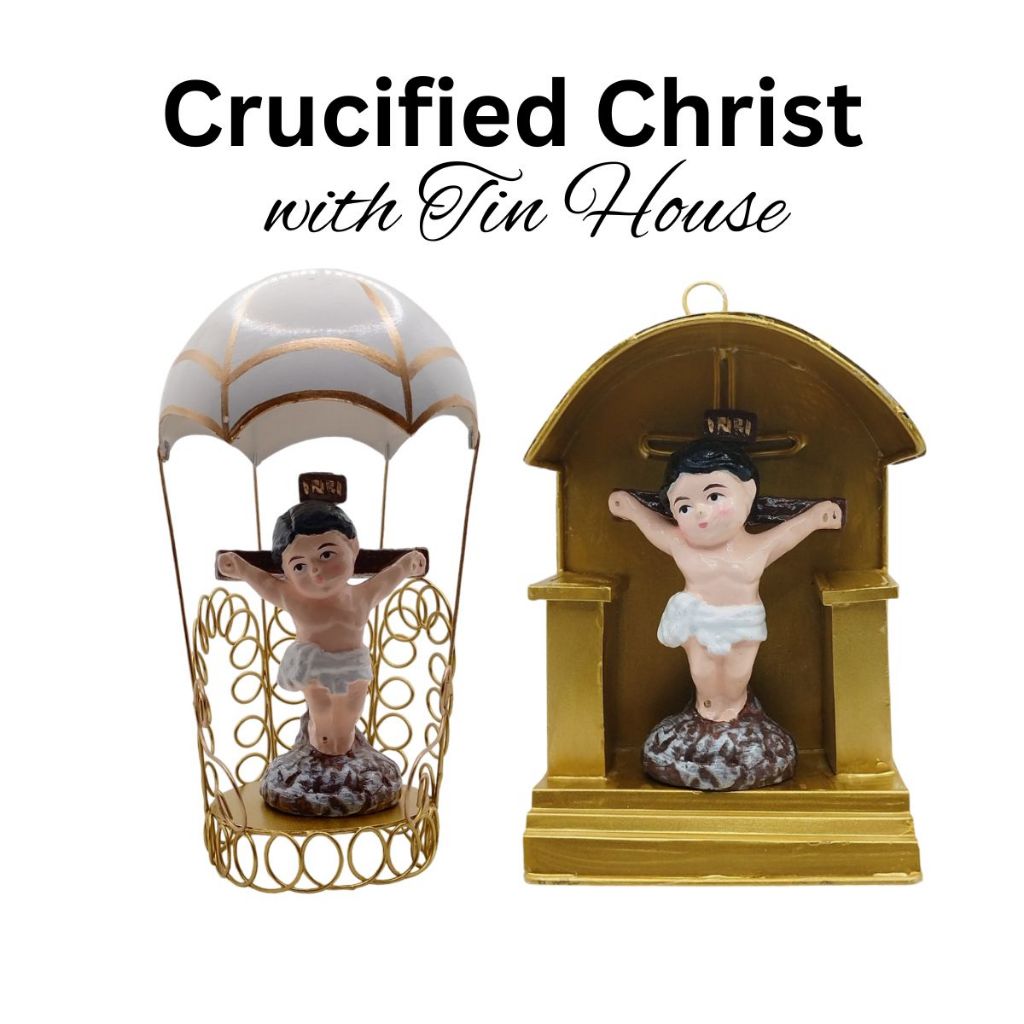 Chibi Saints Crucified Christ with Tin House Religious Figurines Home Decor Height: 4-5 inches