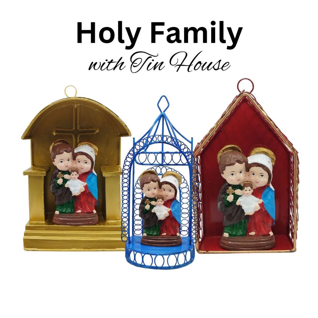 Chibi Saints Holy Family with Tin House Religious Figurines Home Decor Height: 4-5 inches