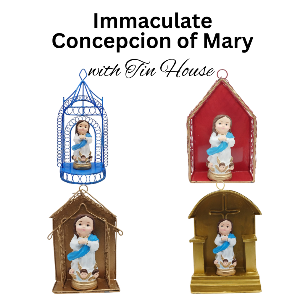 Chibi Saints Immaculate Concepcion of Mary with Tin House Religious Figurines Home Decor Height: 4-5