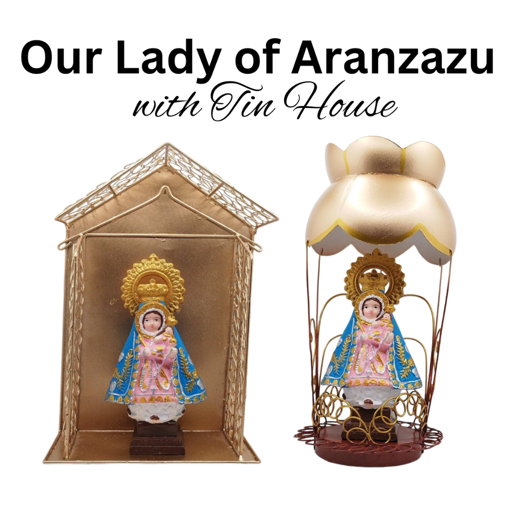 Chibi Saints Our Lady of Aranzazu with Tin House Religious Figurines Home Decor Height: 4-5 inches