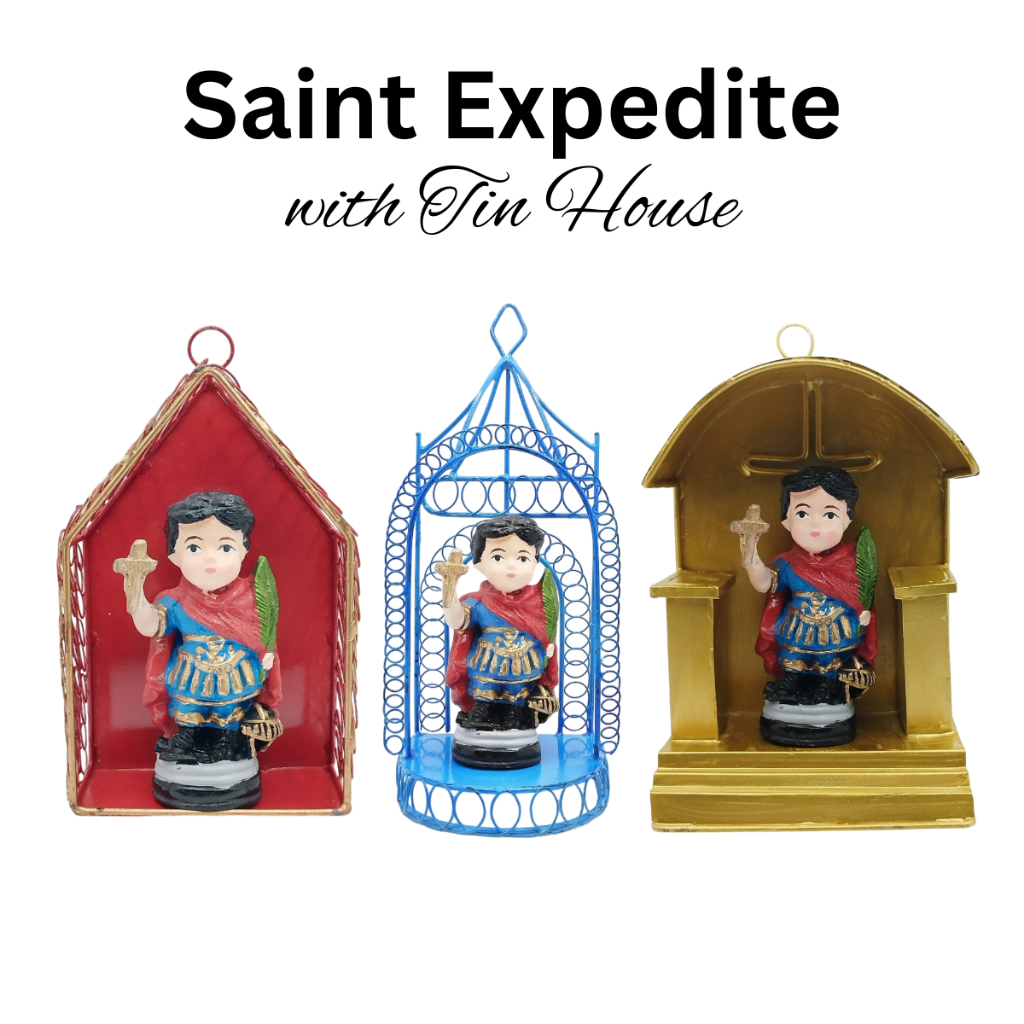 Chibi Saints St. Expedite with Tin House Religious Figurines Home Decor Height: 4-5 inches