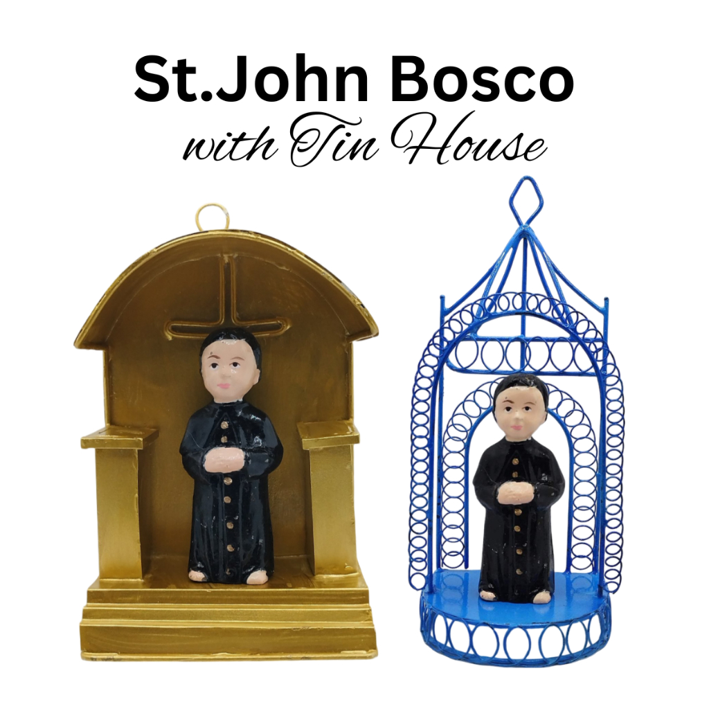 Chibi Saints St. John Bosco with Tin House Religious Figurines Home Decor Height: 4-5 inches