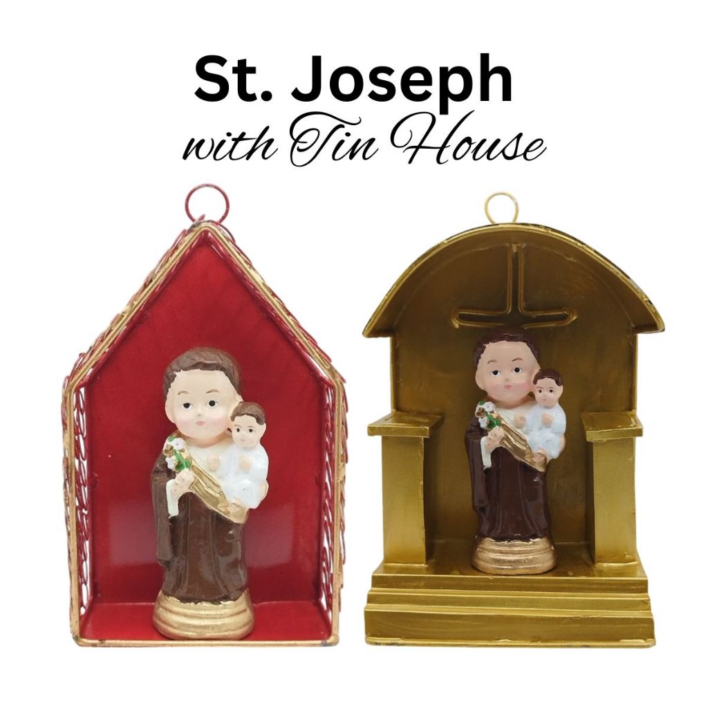 Chibi Saints St. Joseph with Tin House Religious Figurines Home Decor Height: 4-5 inches