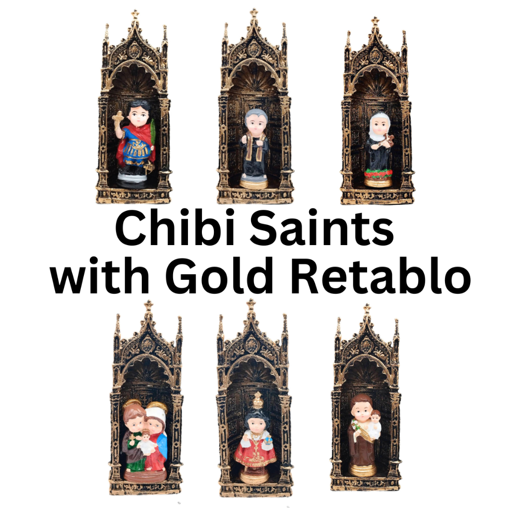 Chibi Saints with Gold Retablo Resin Home Decor Height: 8.5 inches