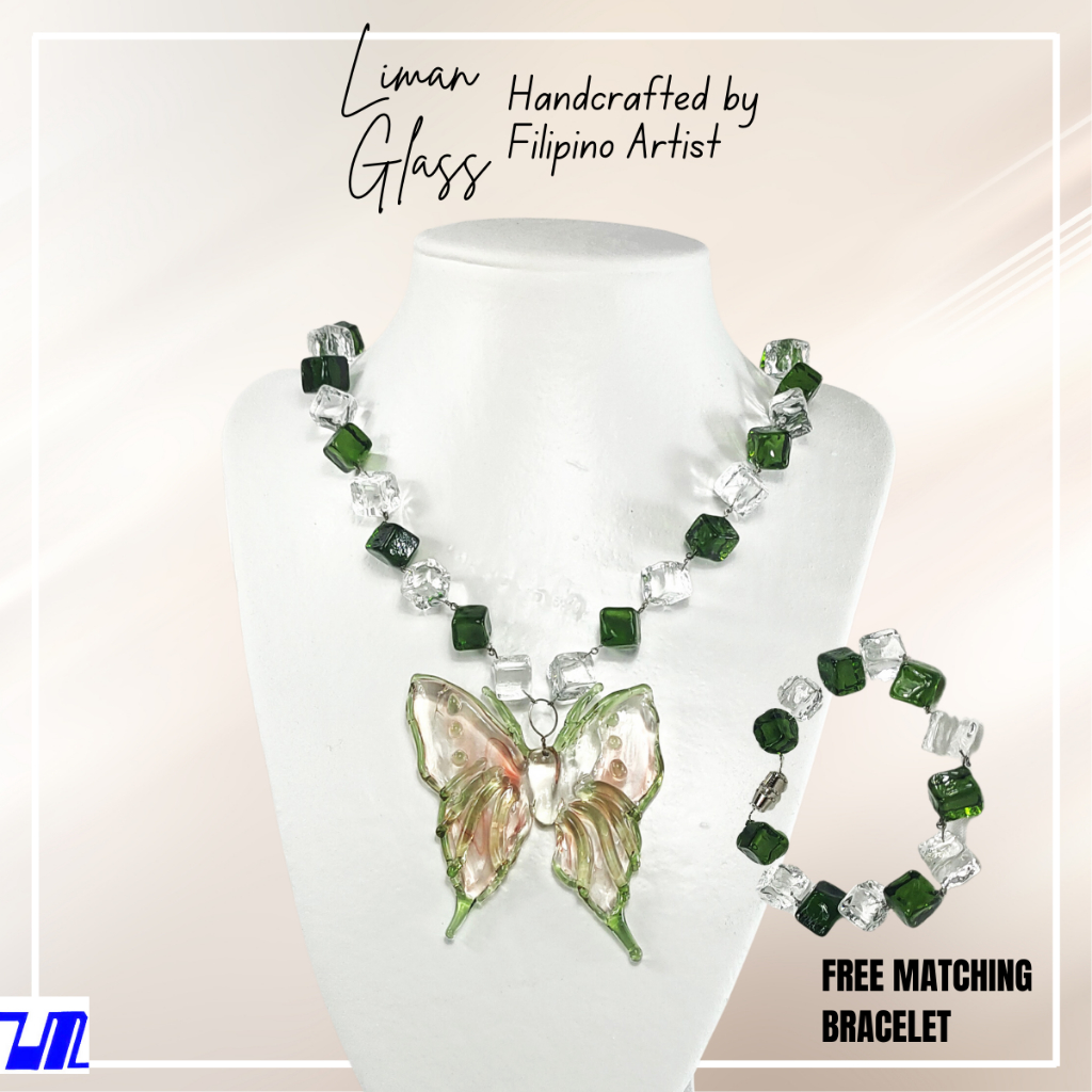 Glass Butterfly Pendant in Dice Necklace with Bracelet Butterfly Jewelry Set 18 Designs