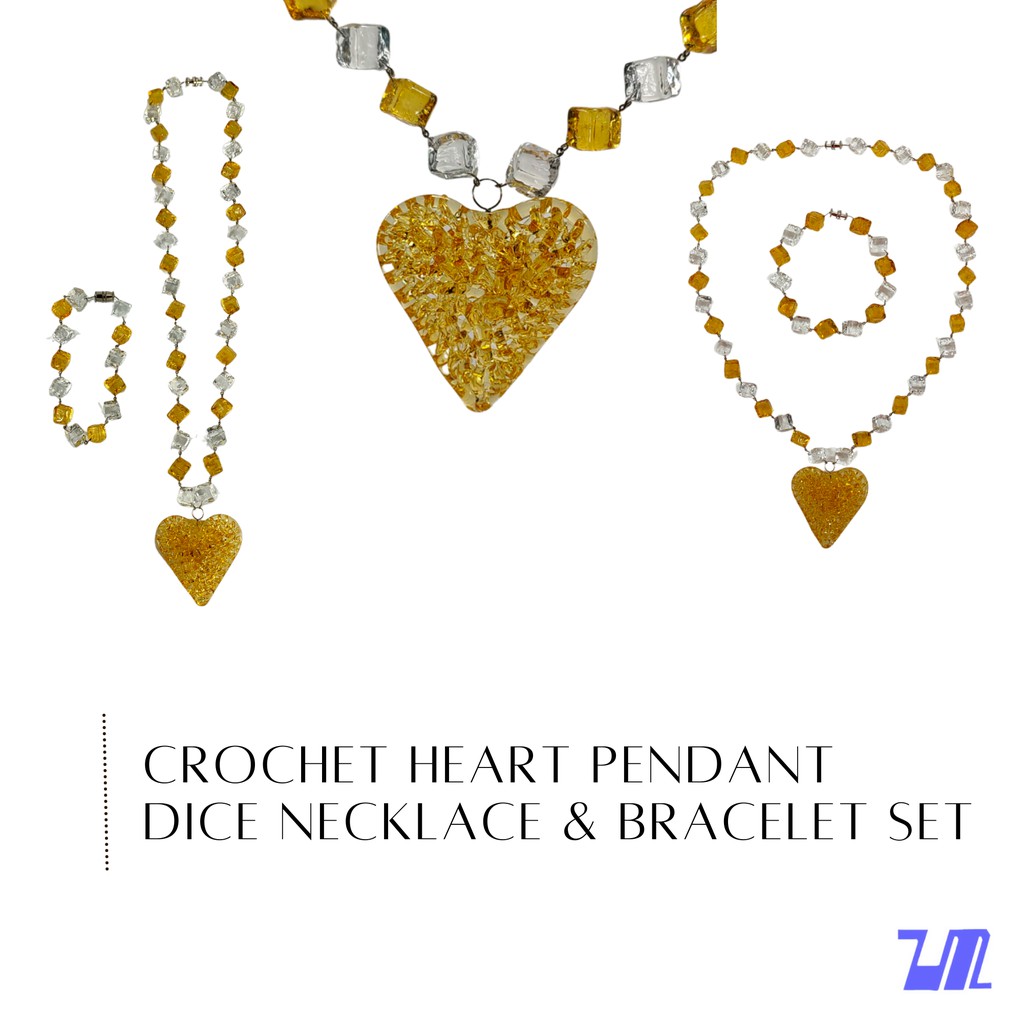 Liman Glass Crochet Heart Pendant Dice Necklace Set for Women with Bracelet