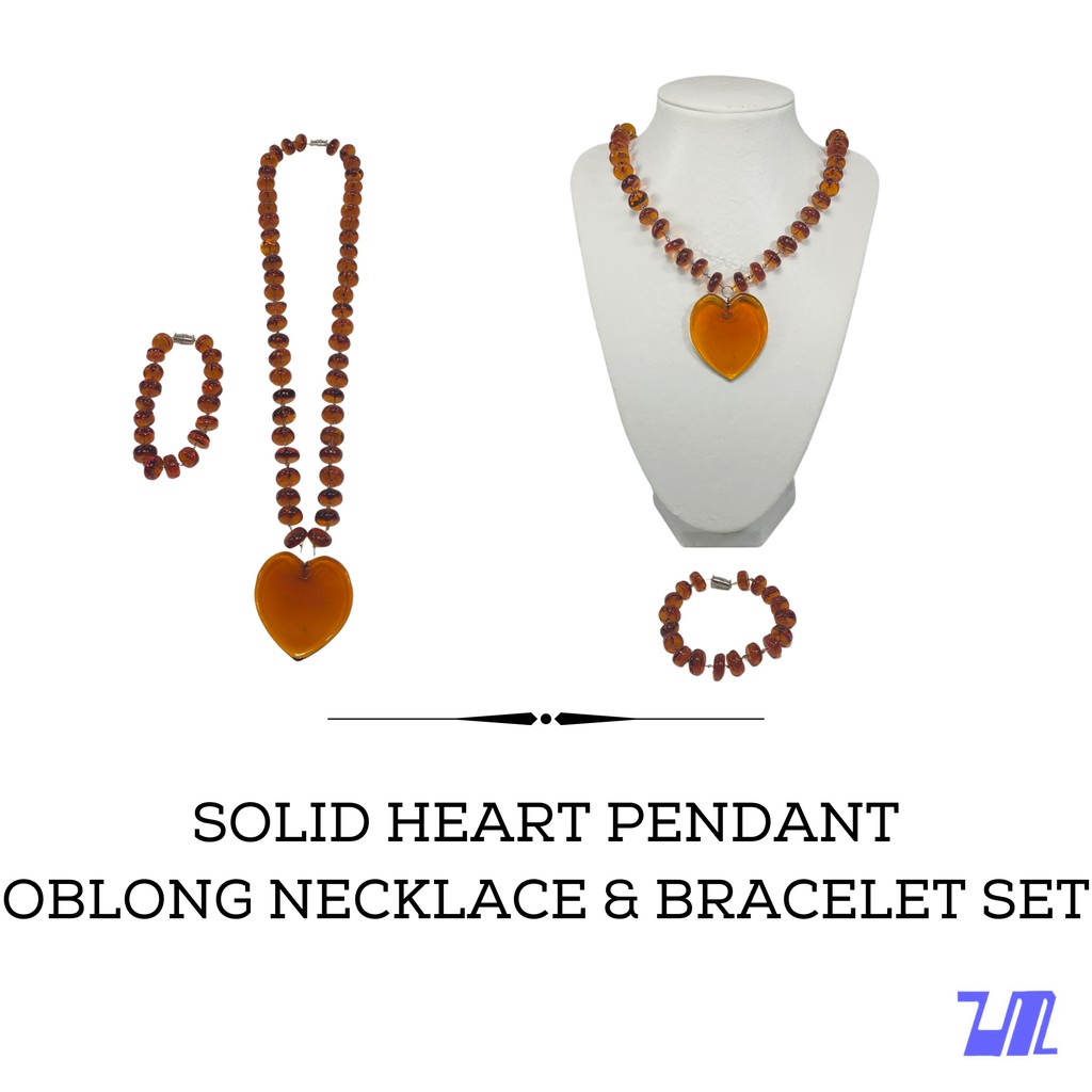 Liman Glass Solid Heart Pendant, Oblong Necklace Bracelet Set