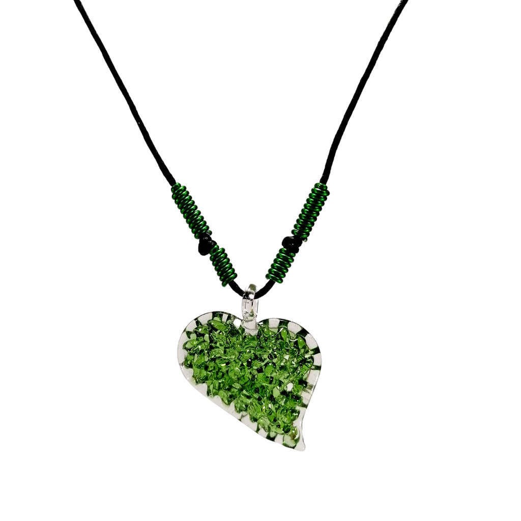 Liman Glass Heart Crochet Slant Glass Pendant, Alum Wire Accent Necklace
