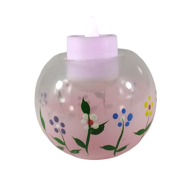 Glass Tealight Holder Pink Flowers 6pc Handpainted 3.5" GTL 7108